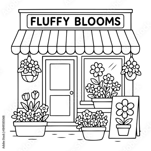 Fluffy Blooms: A whimsical cartoon illustration of a charming flower shop. The shopfront is adorned with an array of vibrant blooms, creating a welcoming and cheerful atmosphere.