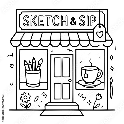 Sketch & Sip Shop Illustration: A charming, hand-drawn illustration depicting a quaint shop with a welcoming sign, inviting patrons to a relaxing blend of sketching and sipping tea.