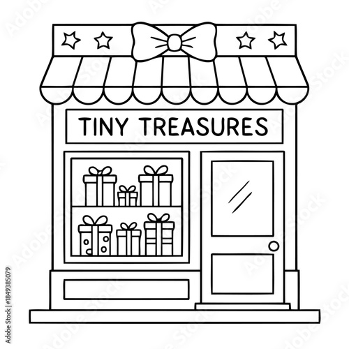 Tiny Treasures Shopfront: A charming illustration depicts a delightful shop, the Tiny Treasures shopfront, adorned with decorative details.