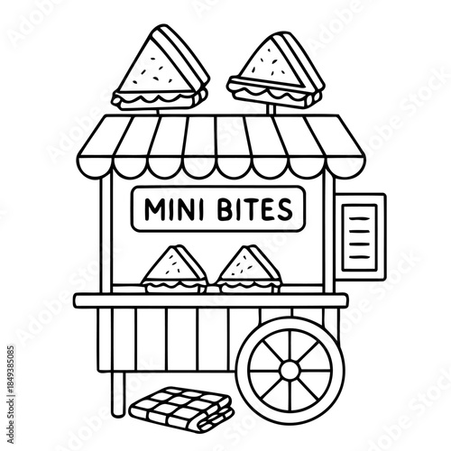Mini Bites Delight: A charming illustration showcases a miniature street food stand, offering tempting triangular sandwiches under a striped awning.
