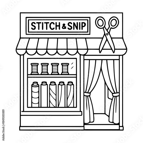 Stitch & Snip: A classic storefront illustration of a tailored workshop, complete with spools of thread and sewing supplies.