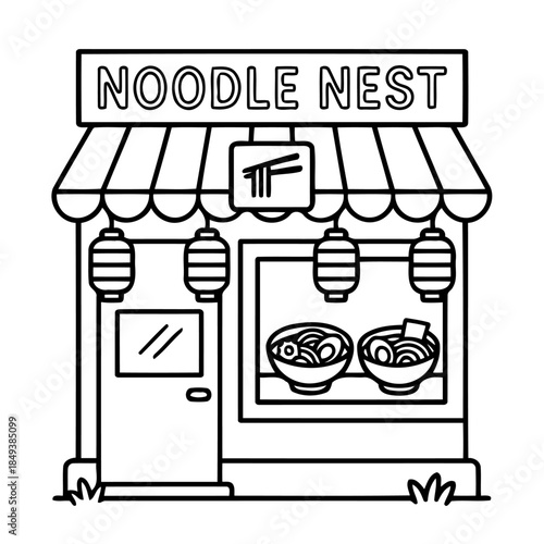 Noodle Nest Restaurant: A charming illustration depicts a cozy restaurant, featuring inviting lanterns, displaying delicious noodle bowls.