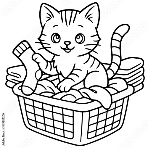 A Cat and Laundry: A charming cat playfully sits amidst a basket of clean laundry, its gaze focused and content, adding a touch of playful curiosity.