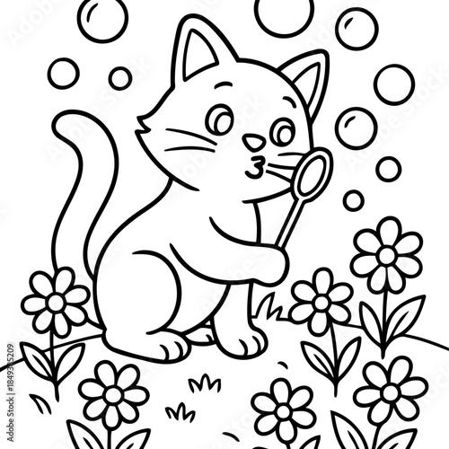 Whimsical Kitten Blowing Bubbles: A charming illustration depicts a playful kitten joyfully blowing bubbles amidst a field of flowers, exuding innocence and cheerfulness.