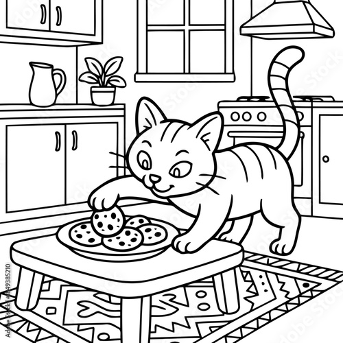 The Curious Kitty: An adorable, animated cat in a cozy kitchen, playfully reaching for a tempting cookie on a small table. This image is perfect for coloring and bringing joy