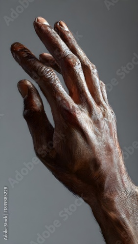Dramatic lighting on a human hand reaching upward, emphasizing veins, muscles, and finger structure for anatomy and expressive art use
