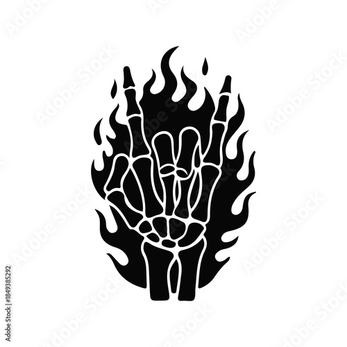 rock and roll flame fire hand bone skull art vector illustration