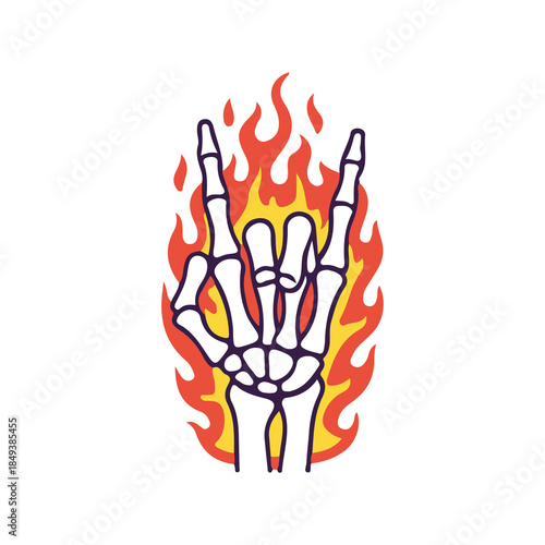 rock and roll flame fire hand bone skull art vector illustration
