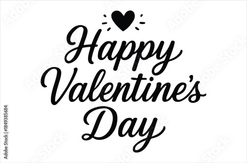 A black and white illustration displaying the handwritten phrase happy valentine s day with a heart above