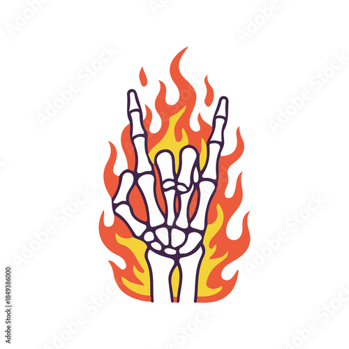 rock and roll flame fire hand bone skull art vector illustration