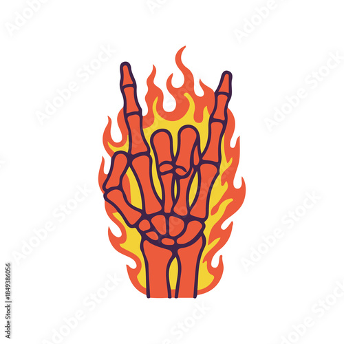 rock and roll flame fire hand bone skull art vector illustration