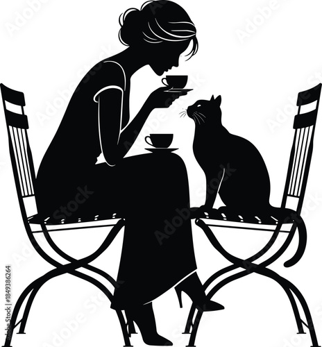 Woman enjoying tea with cat isolated on white background, Vector, illustration