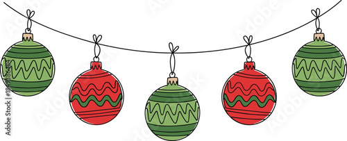 Hand-Drawn Christmas Ornament Garland Vector Illustration with Traditional Red and Green Baubles, Festive Holiday String Decoration for Banners and Cards, Simple Line