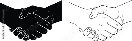 Handshake black silhouette and outline drawing set, business agreement, partnership, success, cooperation, deal closing, greeting gesture, vector illustration.
