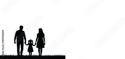 Happy Family Silhouette Walking Together Holding Hands in Nature, Father Mother Daughter Child Relationship Love Bonding Parenthood Concept, Isolated Black Graphic