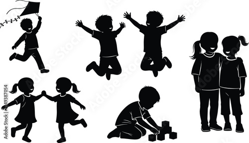 Happy Kids Playing Silhouette Vector Set, Children Jumping, Running with Kite, Building Blocks, and Hugging Friends, Active Childhood Activities, Black and White Graphic Illustration.
