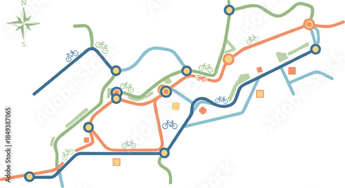 Colorful abstract subway map with stations and lines for public transportation.