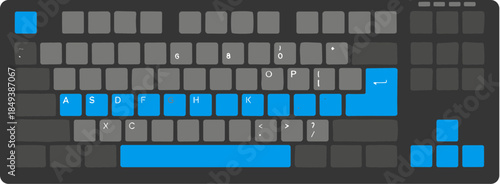 Top-down view of a dark computer keyboard with blue highlighted gaming keys.