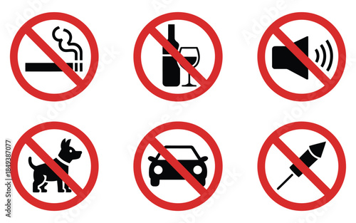 No Smoking, Drinking, Noise, Dogs, Cars, and Fireworks Sign Collection, professional illustrations