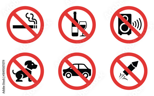 No Smoking, Drinking, Noise, Dogs, Cars, and Fireworks Sign Collection, prohibition and safety signs ideal for public spaces, parks, and event management