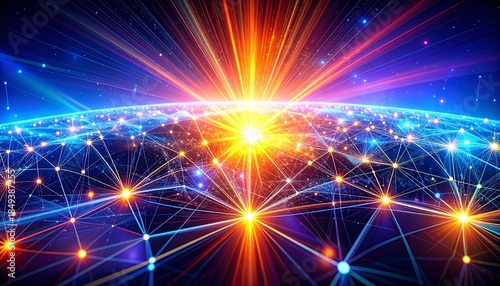 Digital global network with glowing Earth, vibrant light beams symbolizing technology and data connectivity.