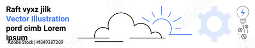 Innovation, technology, problem-solving, cloud computing, renewable energy, creative thinking. Line art of a cloud with a sun, gear symbol and light bulb. Innovation and technology concepts