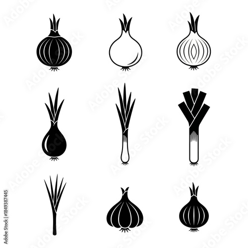 Onion and Leek Icon Set with Whole Bulbs and Long Stalk Vegetables for Agriculture and Food Packaging Design