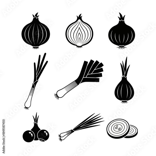 Onion and Green Onion Icon Collection Featuring Whole Bulbs, Rings, and Long Stems for Culinary and Food Design