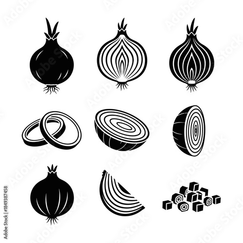 Onion and Shallot Icon Set Showing Whole, Sliced, and Cross Section Vegetables in Clean Black Silhouette Style