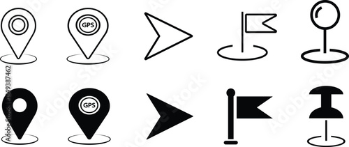 Map location pin icon set. Navigation symbols including GPS marker, destination flag, and direction arrow. Outline and solid glyph style.
