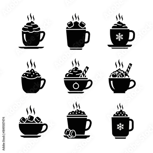 Coffee and Tea Cup Icon Set with Steaming Drink Symbols