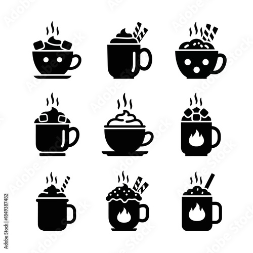Hot Beverage Cup Icon Set with Coffee and Tea Silhouettes