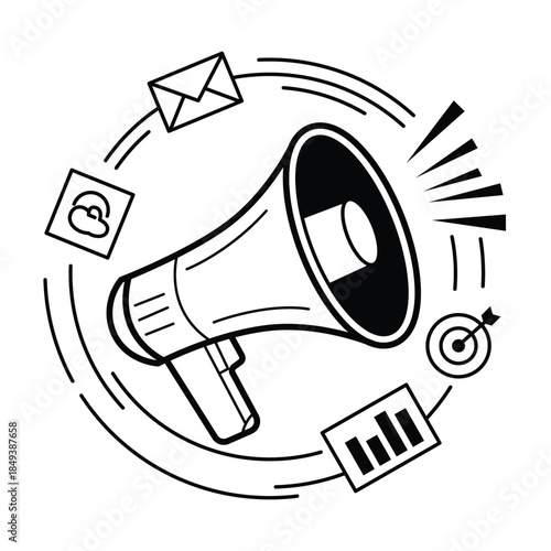 Communication tools including a megaphone envelope and target symbol in a circular design