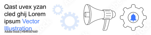 Business communication, marketing, technology settings, notifications, system alerts, customer engagement. Megaphone and gear with notification bell icon. Communication and technology settings