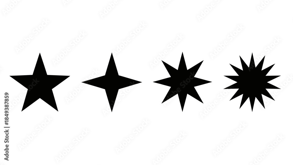 Obraz premium A collection of black star shapes with varying points and styles presented on a white background