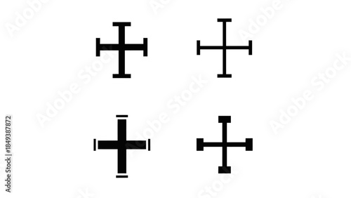 A collection of four simple cross symbols with varied end designs on a white background