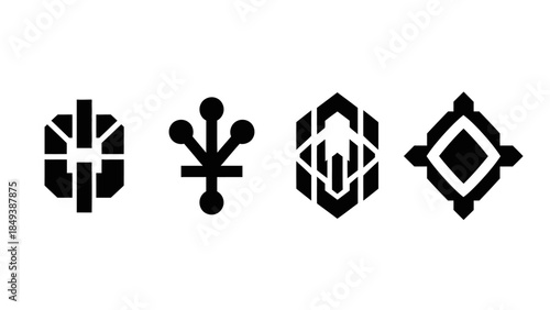 A collection of four unique abstract geometric black and white logos perfect for modern branding