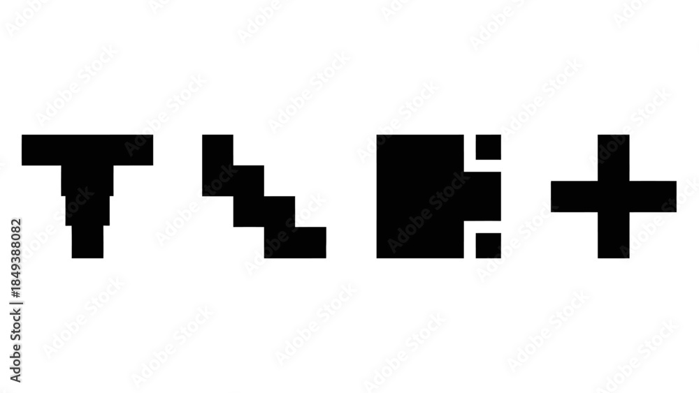 Obraz premium Abstract Pixelated Geometric Shapes Including a T, Stairs, a Square, and a Plus Sign