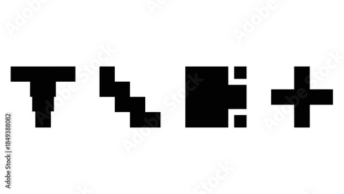 Abstract Pixelated Geometric Shapes Including a T, Stairs, a Square, and a Plus Sign