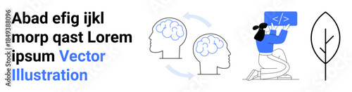 Education, programming, cognitive processes, learning, creative thinking, environmental awareness. Outline of brains, a programmer with a laptop and a tree. Education and programming highlighted