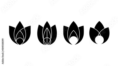 Abstract stylized lotus flower logo design variations in black and white