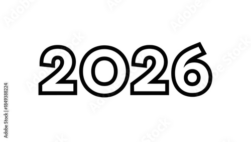 Bold black outline typography of the year 2026 isolated on a clean white background