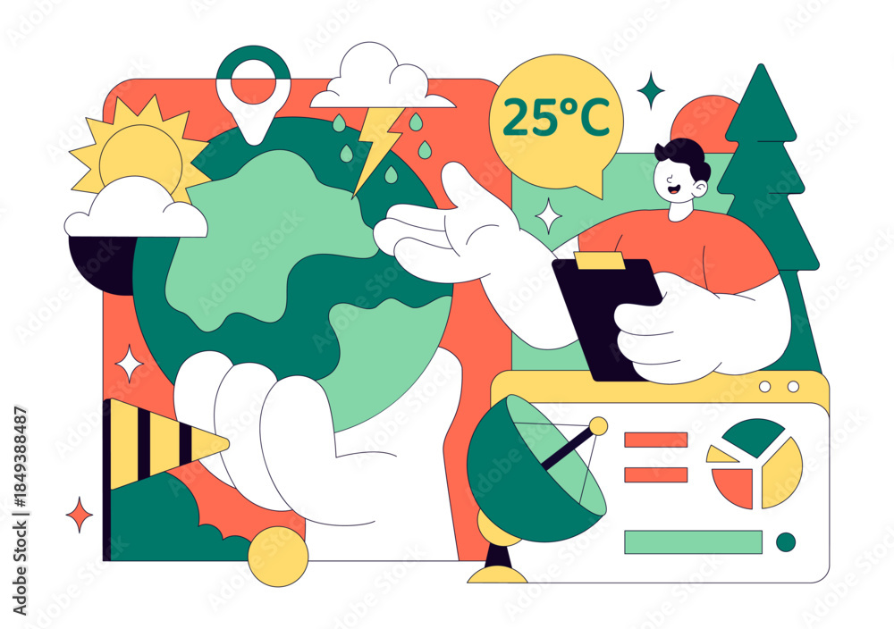 Fototapeta premium Meteorologist Vector Illustration Featuring A Weather Forecaster Analyzing Atmospheric Precipitation Maps And Weather Patterns on a Flat Background