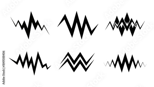 Collection of dynamic zigzag waveform designs representing sound or signal patterns