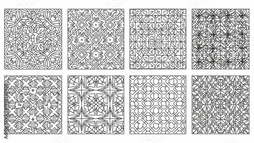 Collection of eight intricate black and white geometric patterns suitable for backgrounds or