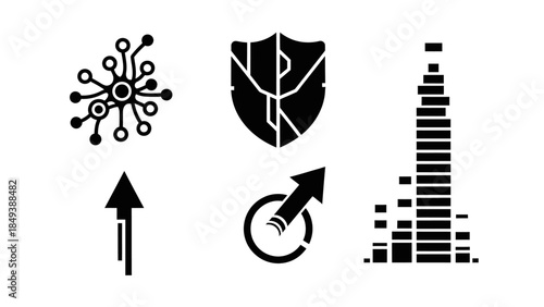 Collection of modern technology and progress icons symbolizing data security and growth