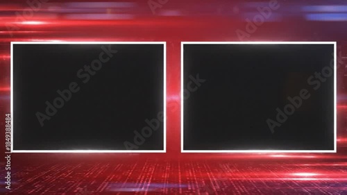 Futuristic red broadcast backdrop digital background with two glowing rectangular screens perfect for video end cards