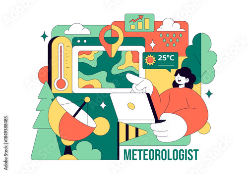 Meteorologist Vector Illustration Featuring A Weather Forecaster Analyzing Atmospheric Precipitation Maps And Weather Patterns on a Flat Background