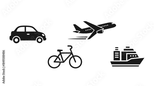 Collection of modern transportation icons car airplane bicycle and ship on white background