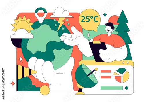Meteorologist Vector Illustration Featuring A Weather Forecaster Analyzing Atmospheric Precipitation Maps And Weather Patterns on a Flat Background